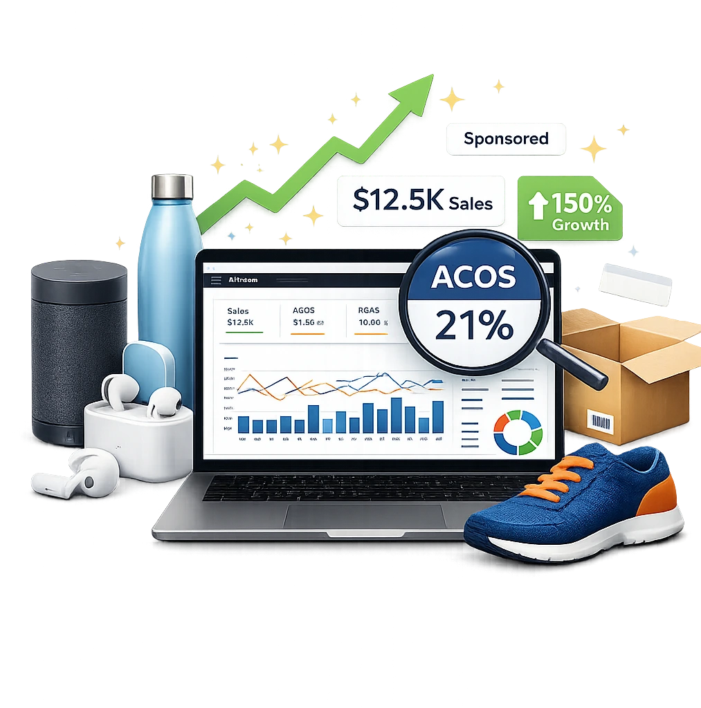 Amazon PPC management showing ACOS, sales growth