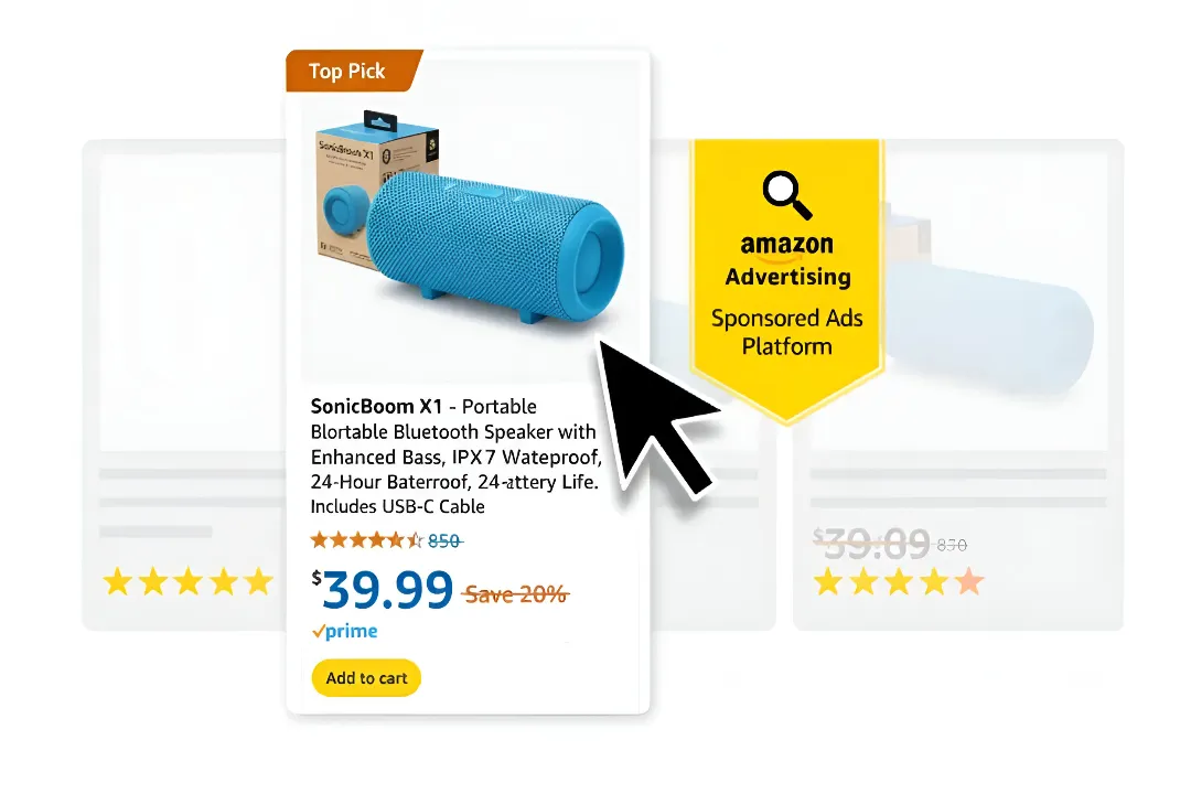E-commerce product listing for a SonicBoom X1 blue portable Bluetooth speaker featured as a Top Pick with price, rating, and Prime delivery badge