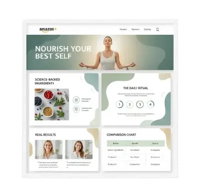 Professional health and wellness Amazon product page layout with clean design, nutritional highlights, and brand storytelling
