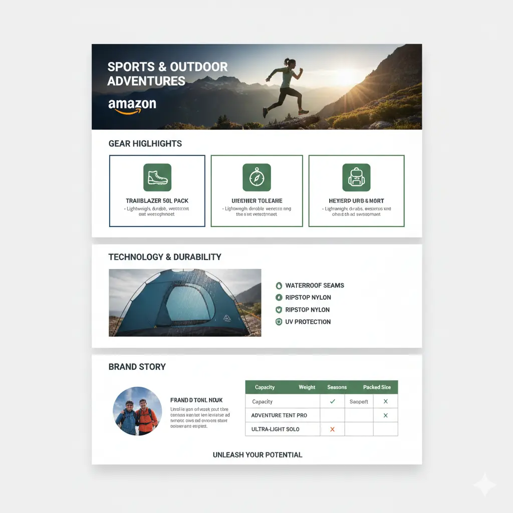 Sports and outdoor product A+ Page layout example designed for Amazon SEO and high-conversion storytelling