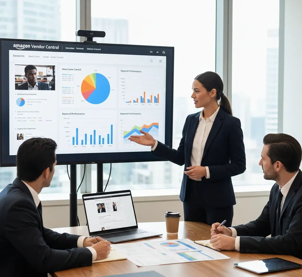 A professional over-the-shoulder view of a consultant managing an Amazon Seller Central dashboard on a laptop
