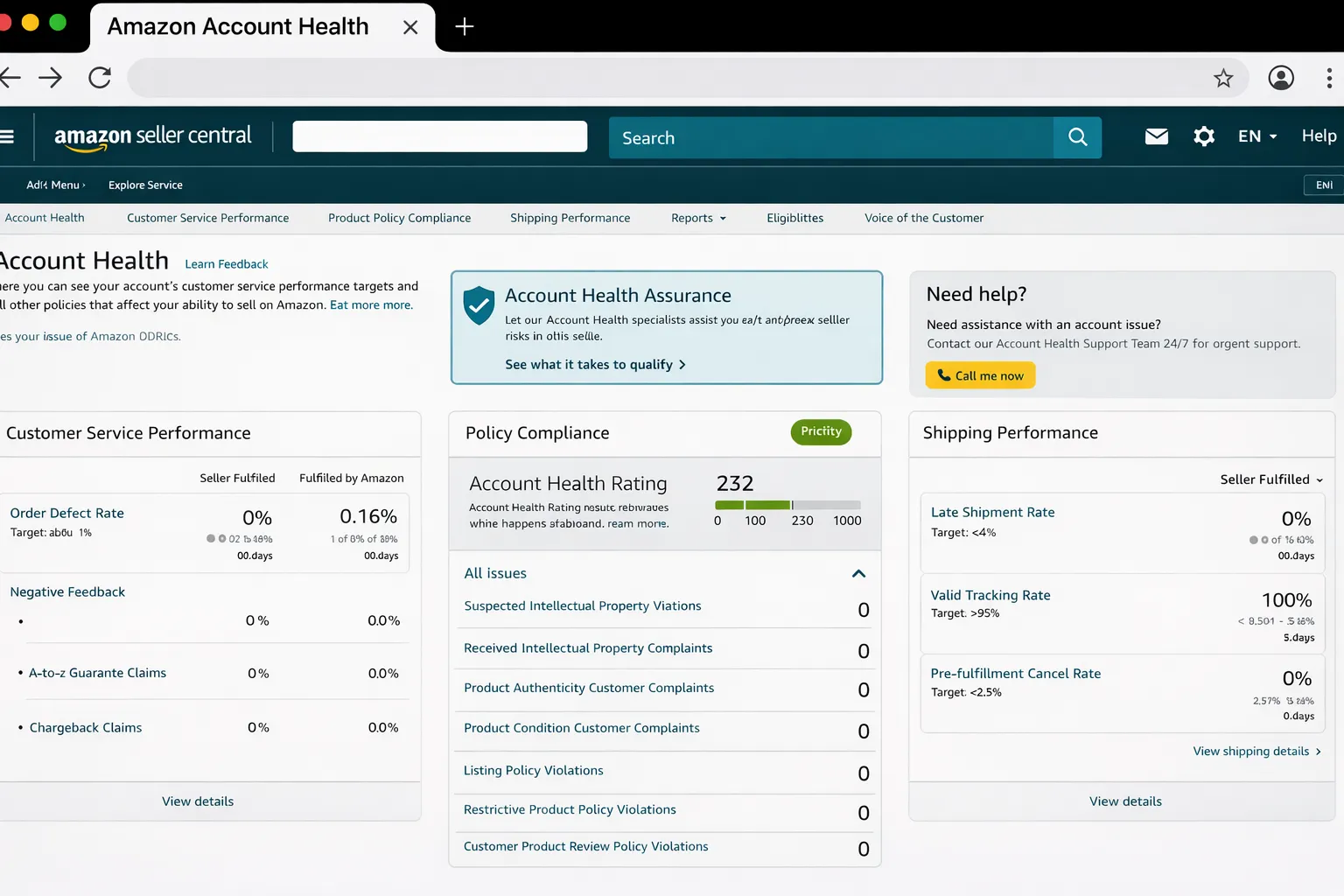 Amazon Seller Central Account Health dashboard showing account health assurance score