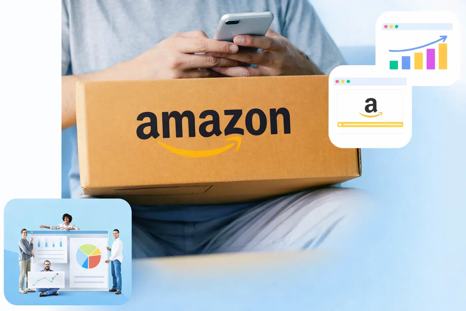 Amazon box with marketing analytics and eCommerce growth visuals.