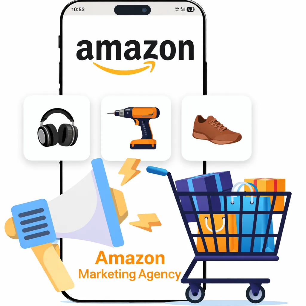 Amazon marketing agency illustration showing a smartphone with Amazon branding, promoted products on a white background