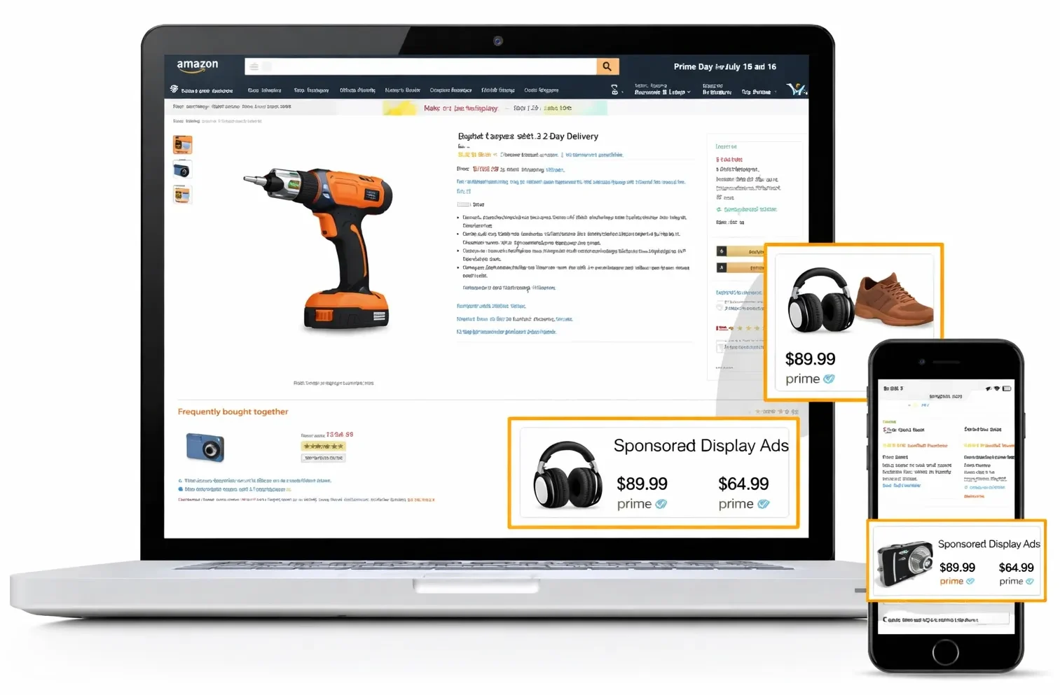 Amazon Sponsored Display Ads shown on desktop and mobile screens, highlighting promoted products with pricing and Prime badges to increase brand visibility and retarget shoppers