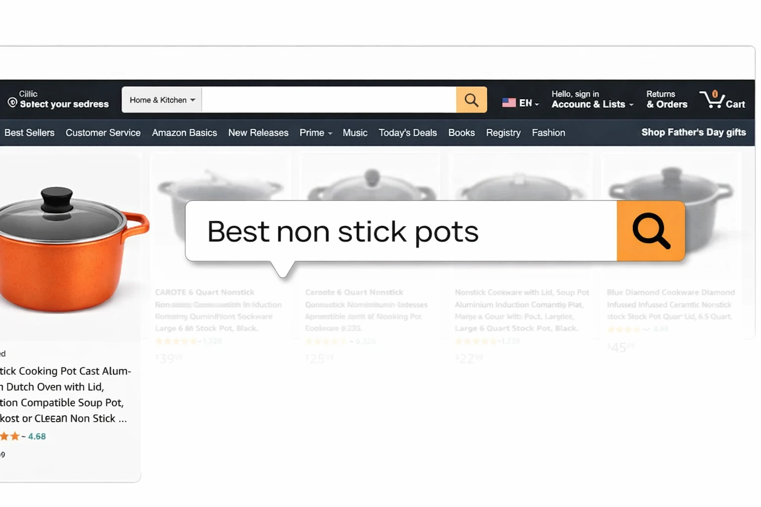 Amazon search results showing best non-stick pots with optimized product listing for Amazon SEO