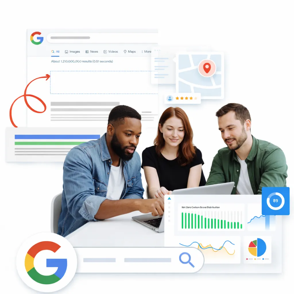 Marketing team analyzing lead generation and SEO performance data on a laptop