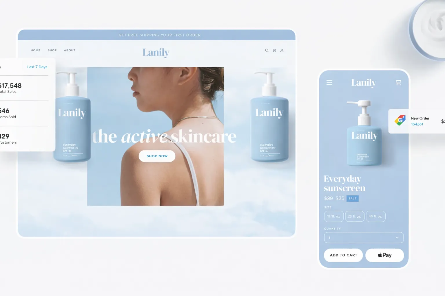 responsive ecommerce website design showing skincare product pages on desktop and mobile