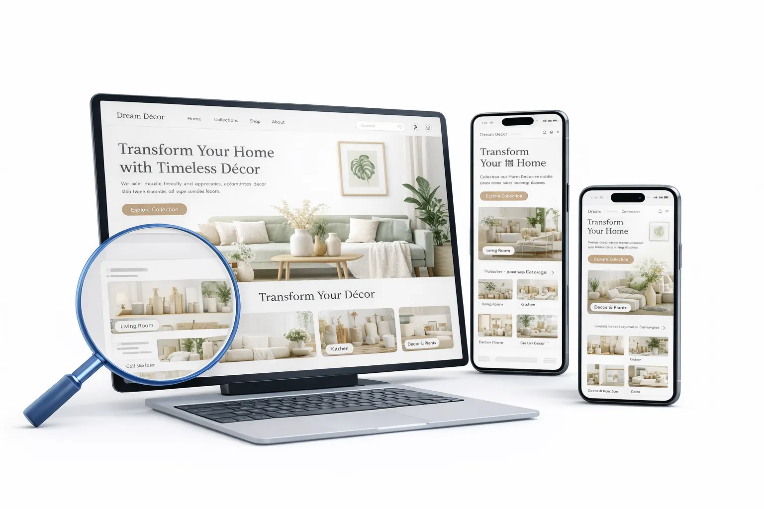Image showing an ecommerce website displayed on a laptop and two smartphones against a white background
