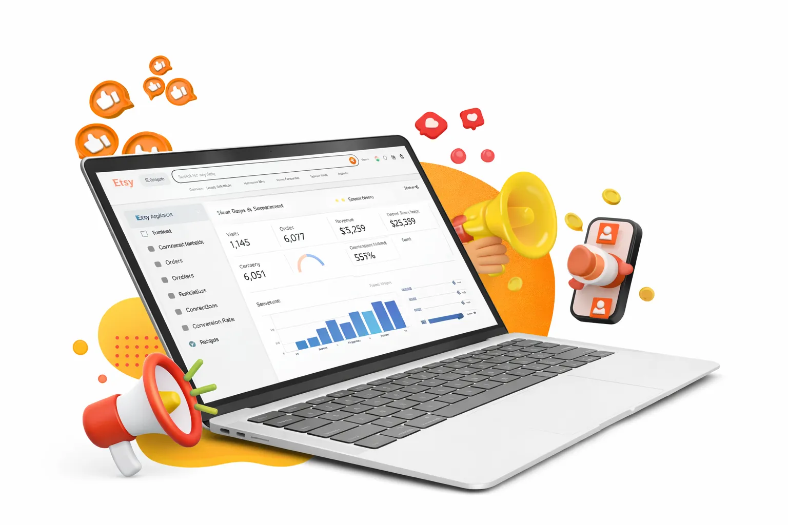 Etsy store analytics dashboard on laptop