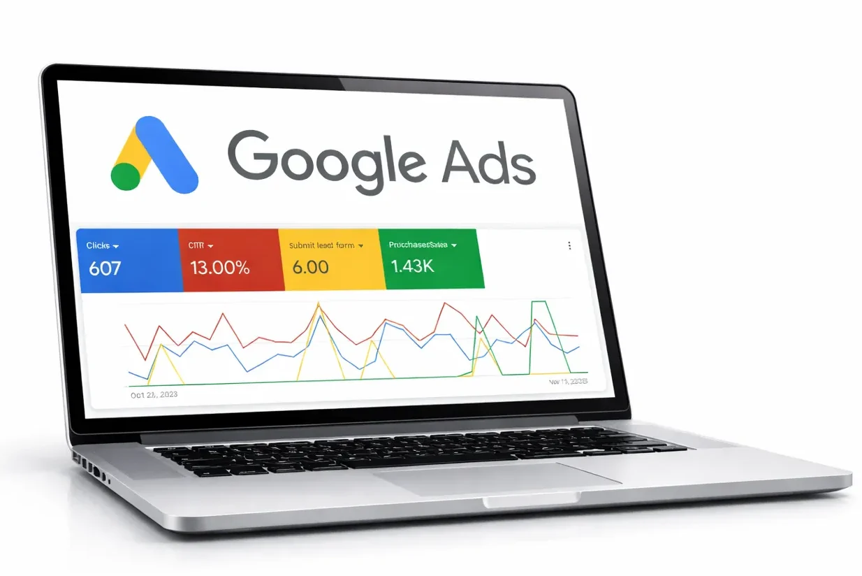 Professional Google Ads management dashboard showing growth charts, conversion data, and ROI metrics on a computer screen