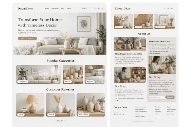 Minimalist eCommerce website design on white background showcasing home décor products, category sections, product cards, and user-friendly shopping experience