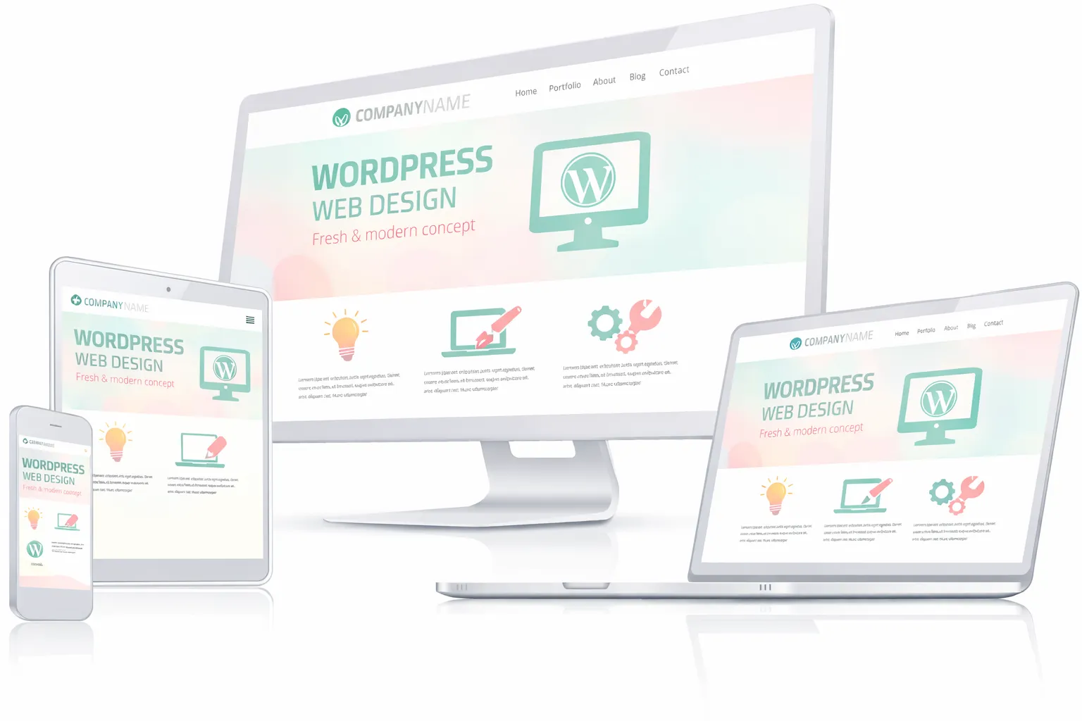 Responsive WordPress website design displayed on desktop, laptop, tablet, and mobile devices with light pastel colors and modern icons