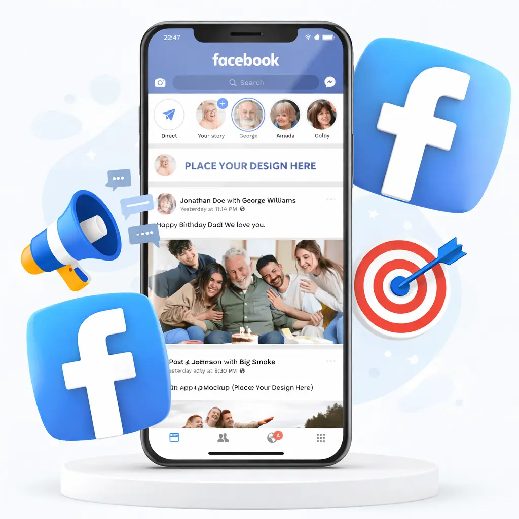 Facebook Ads marketing visual with smartphone, Facebook logo, and targeting icons