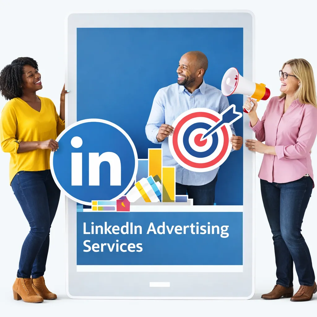 LinkedIn Advertising Services with professionals showcasing ad targeting and marketing growth