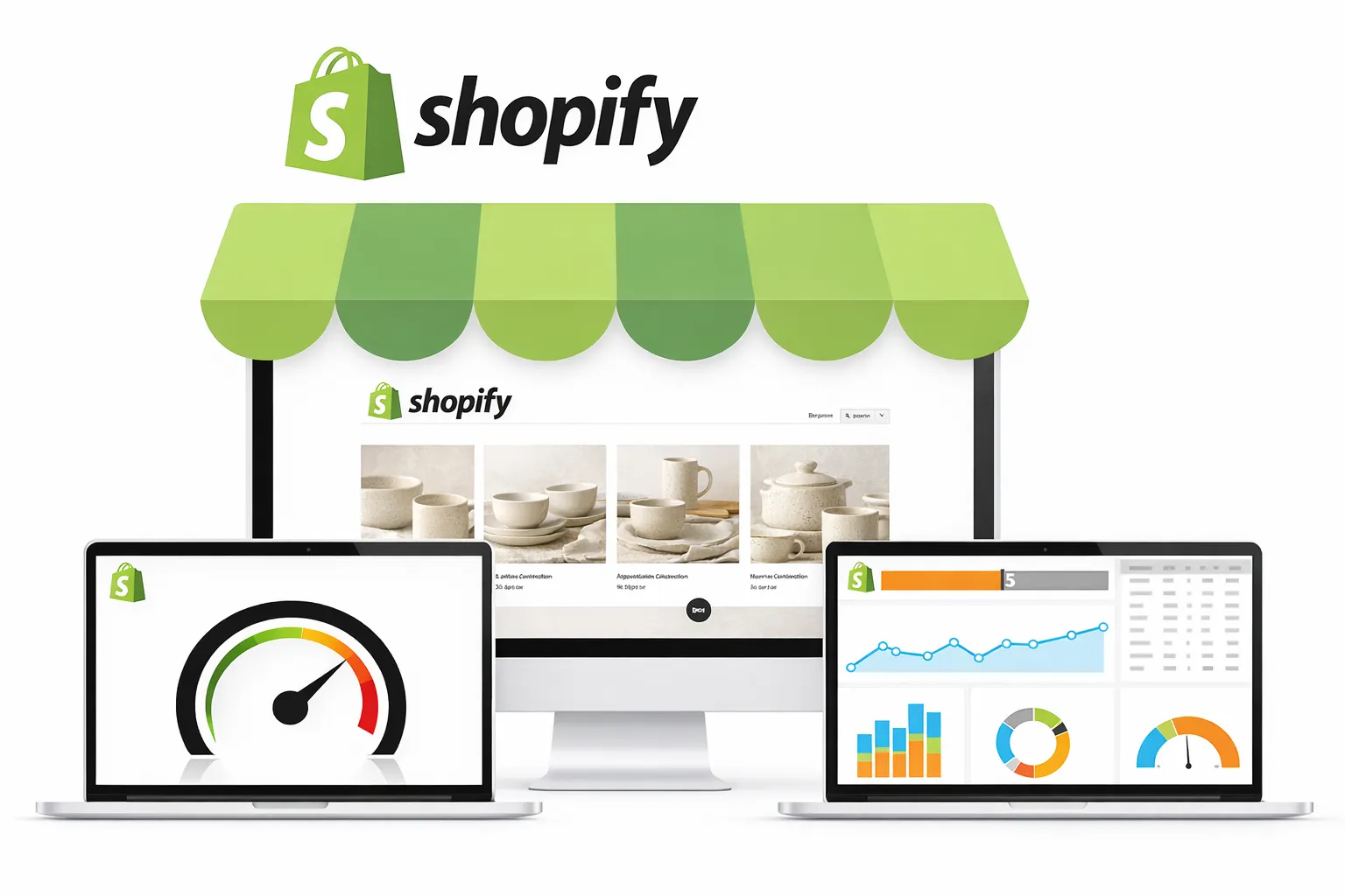 Shopify web design services showing a crockery ecommerce website with performance analytics