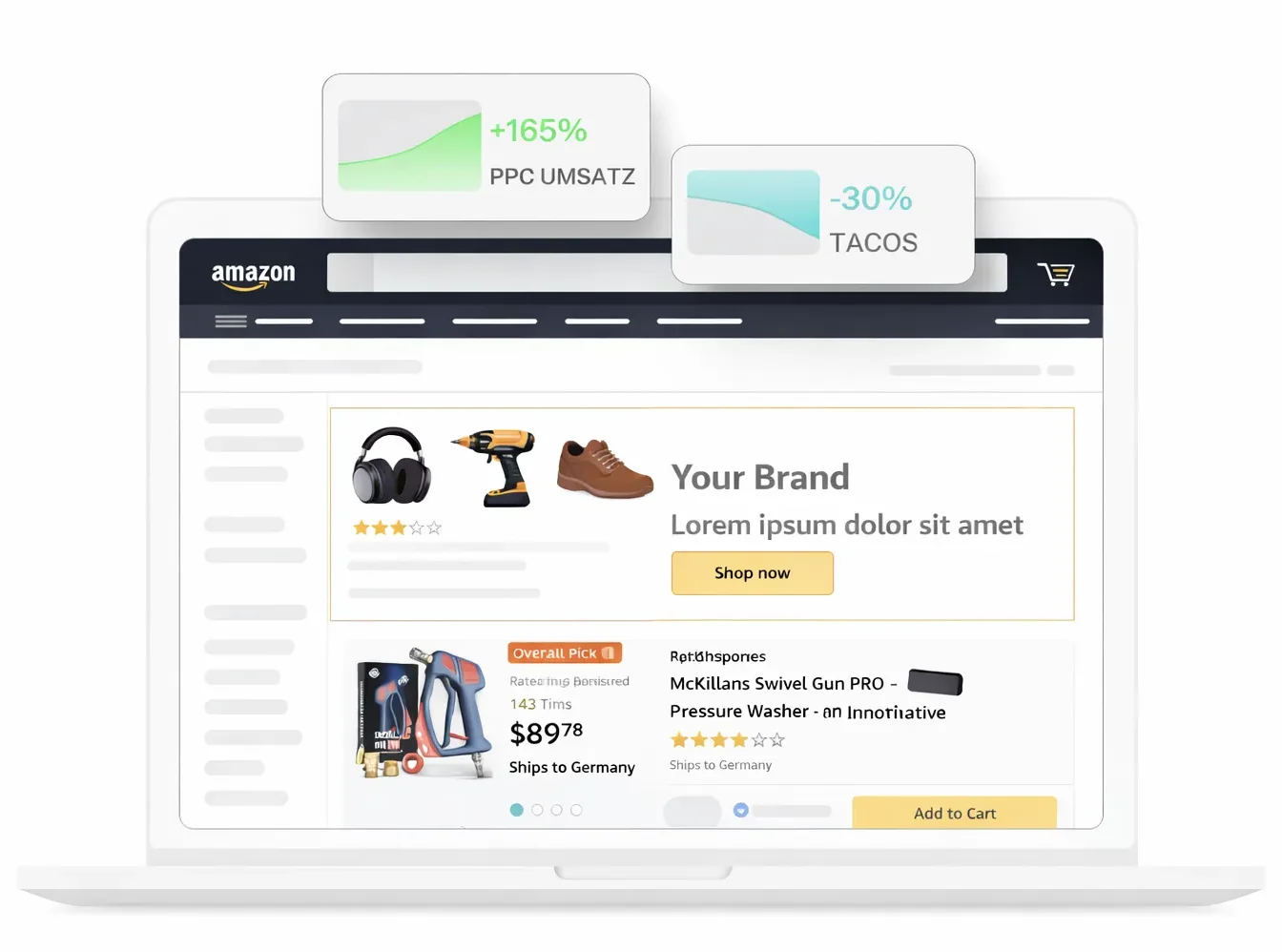 Amazon Sponsored Brands Ads on a laptop with a white background, showing branded product promotions, PPC performance growth, and optimized ad metrics for higher sales