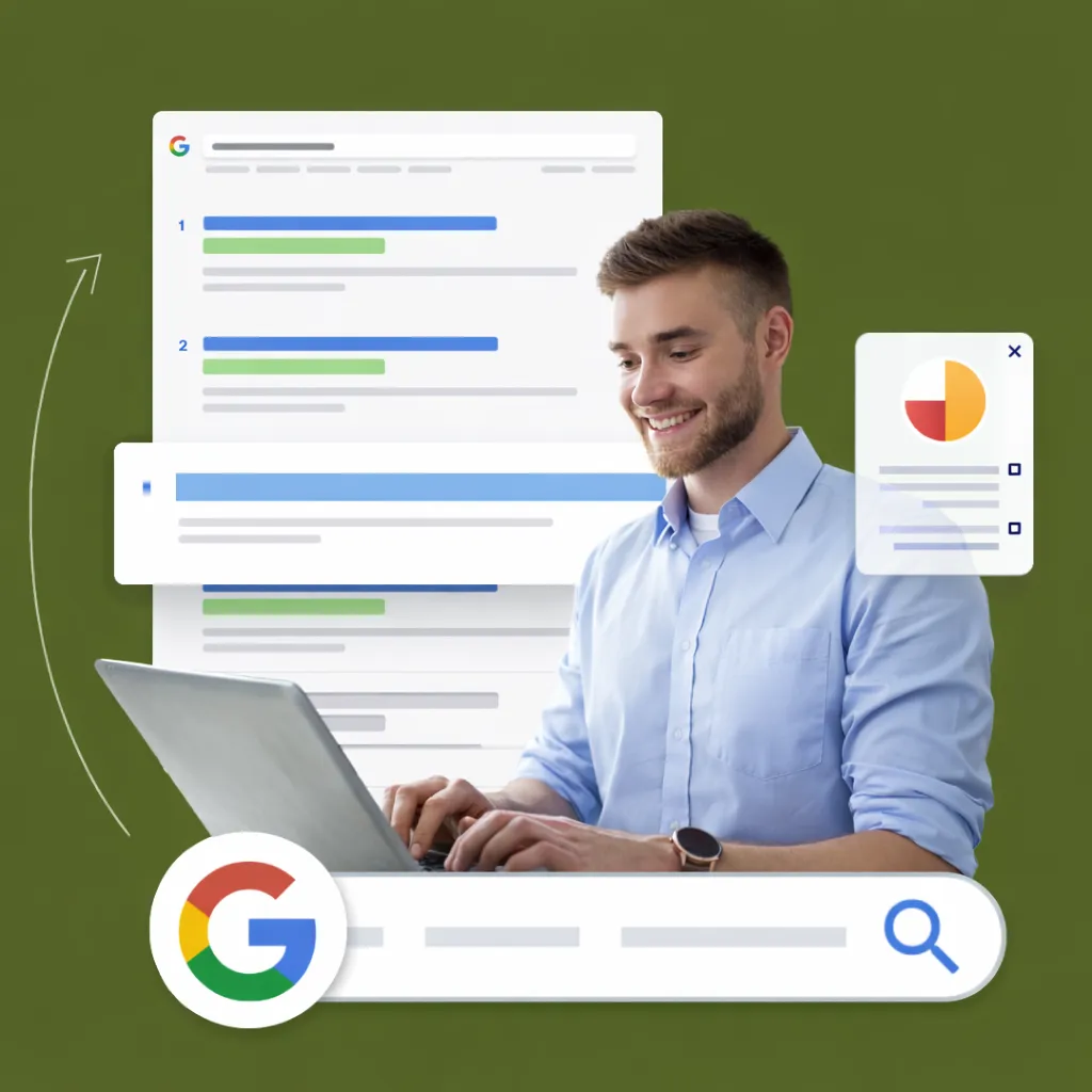 SEO professional analyzing Google search rankings on a laptop to generate qualified leads