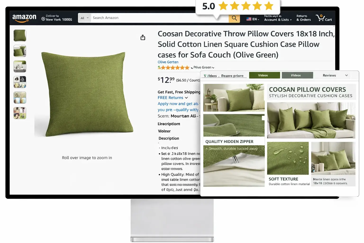 coosan olive green cushion cover displayed on amazon product page with images and information tabs