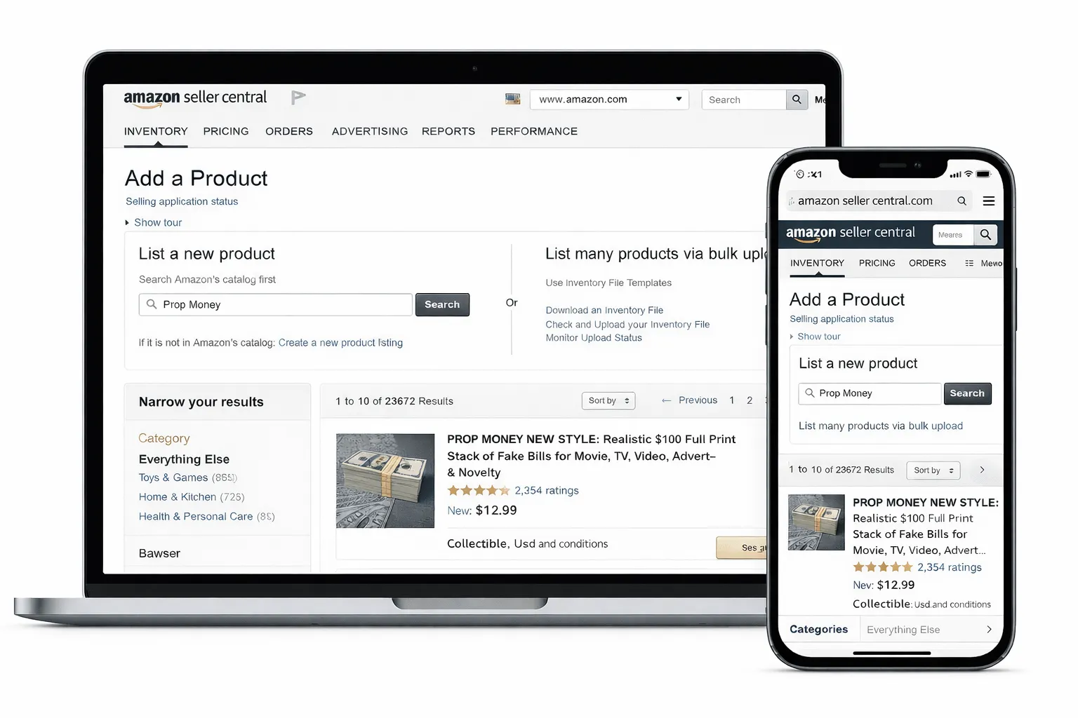 Amazon Seller Central Add Product page on laptop and mobile device.