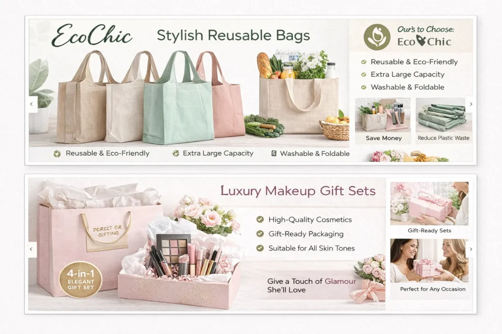 Amazon A+ content mockup for bags and makeup boxes.