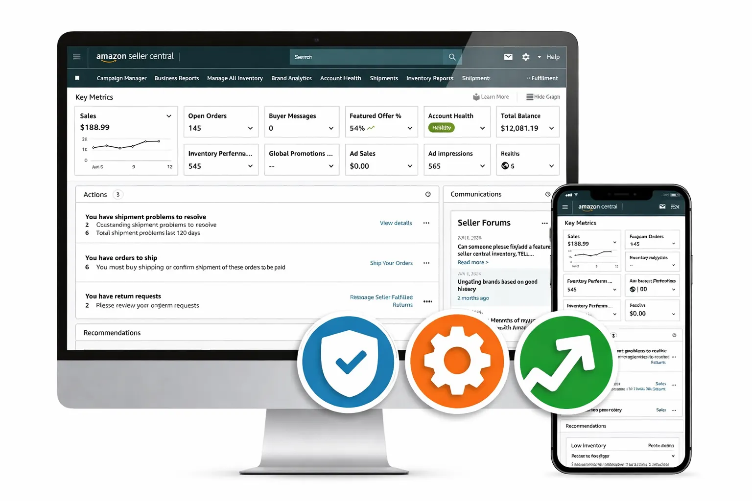 Amazon Seller Central dashboard on desktop and mobile devices.