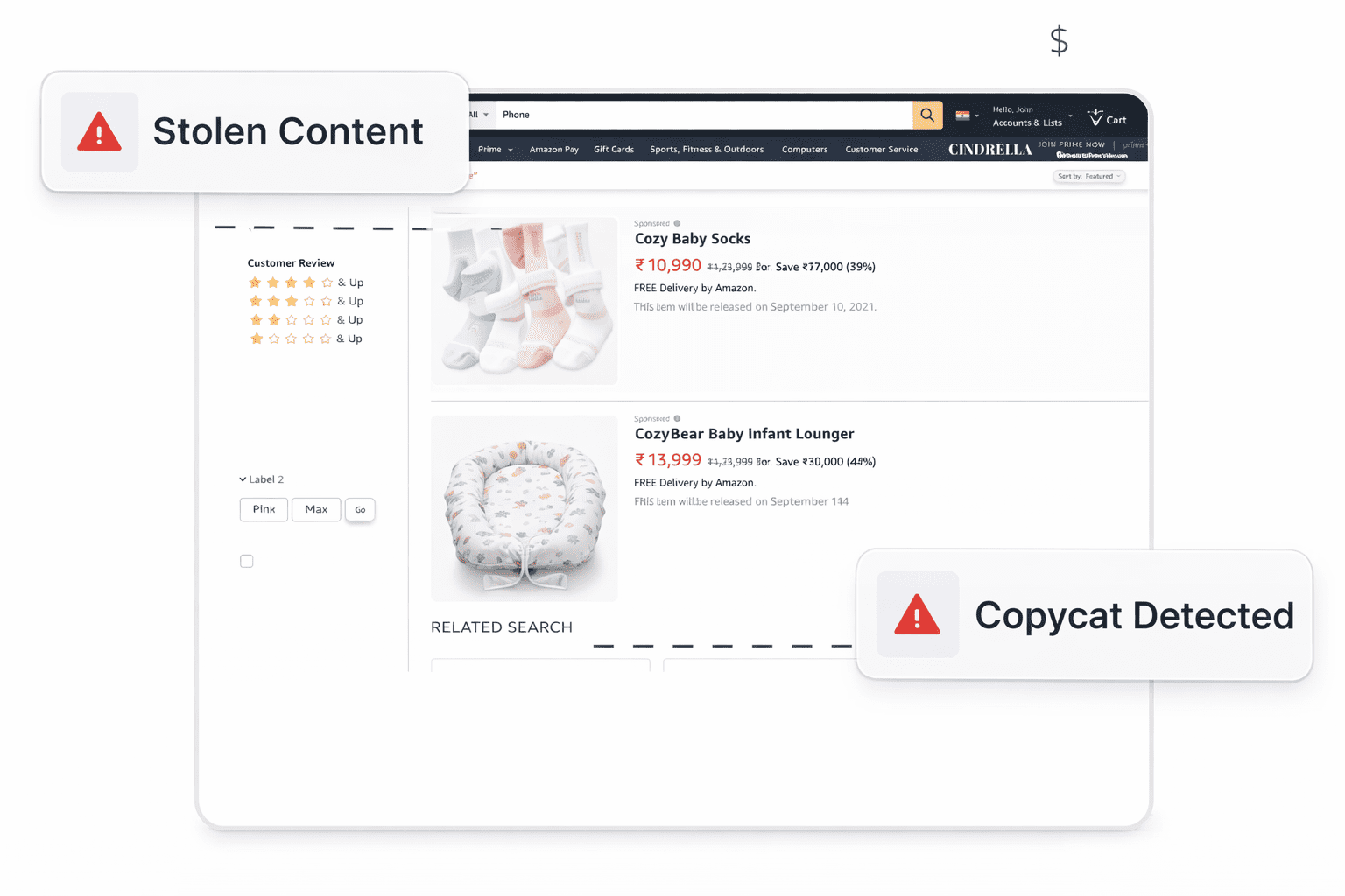 Amazon search results showing baby socks and baby bed listings flagged for stolen content and copycat detection