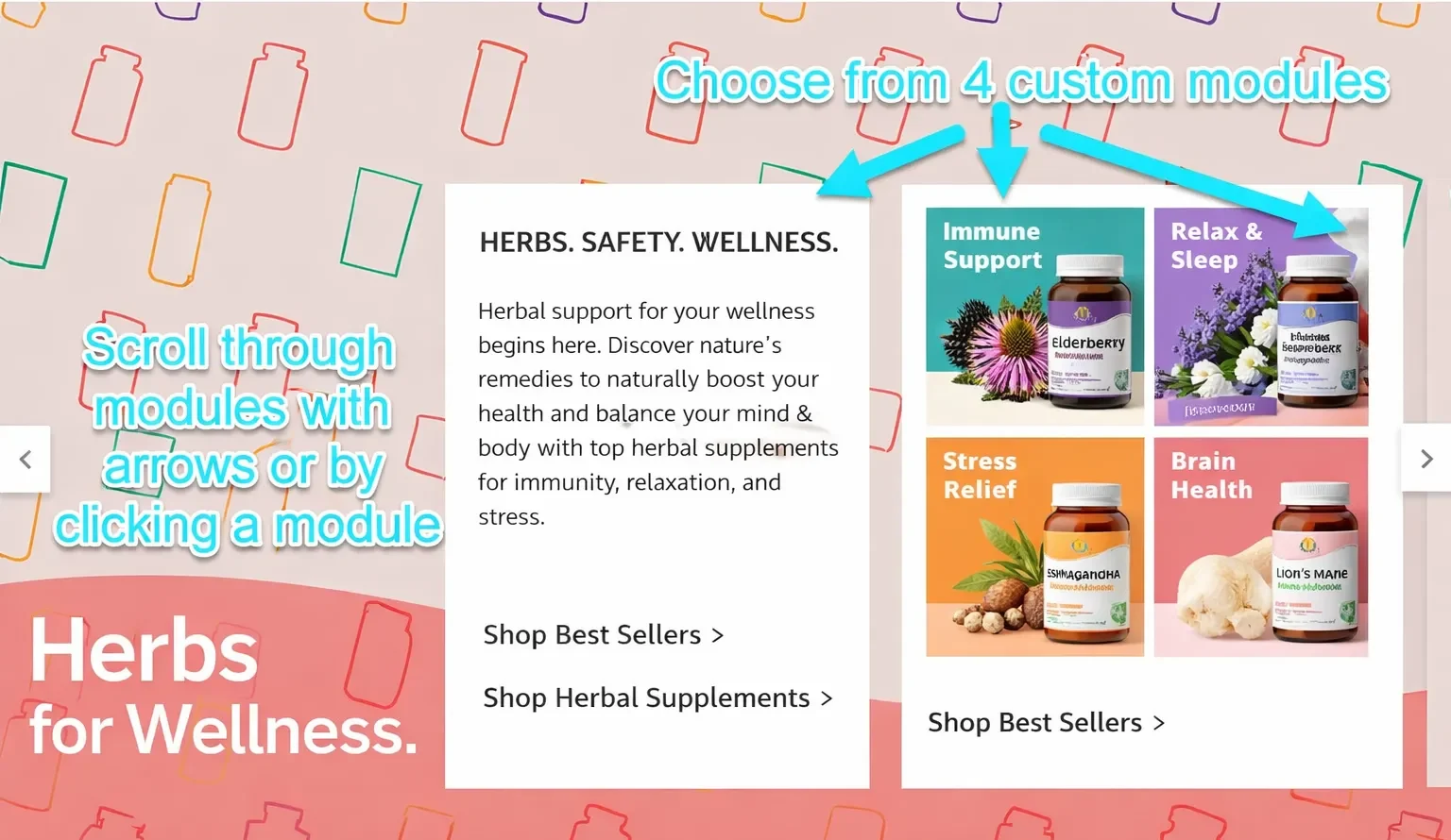 Colorful modular banner showing wellness products in four categories with arrows