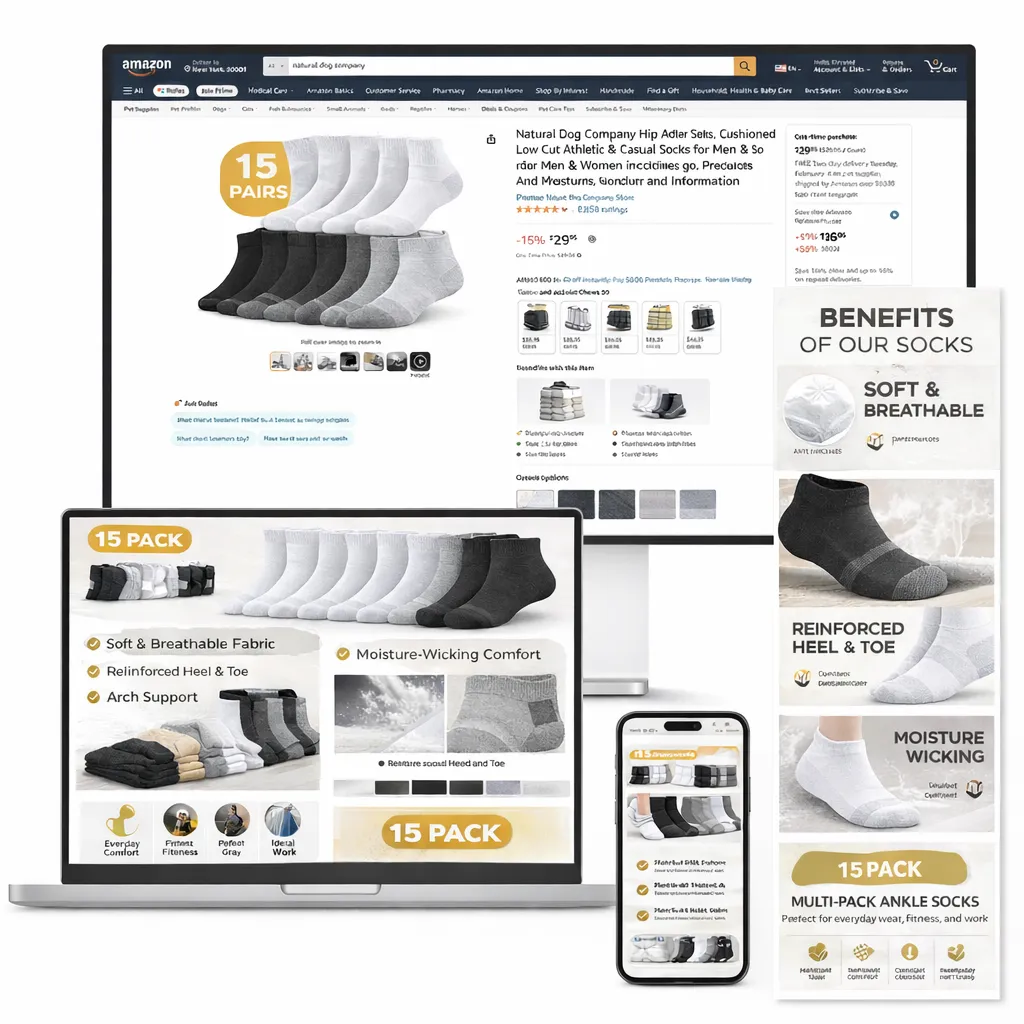 Amazon socks A+ content displayed across multiple devices