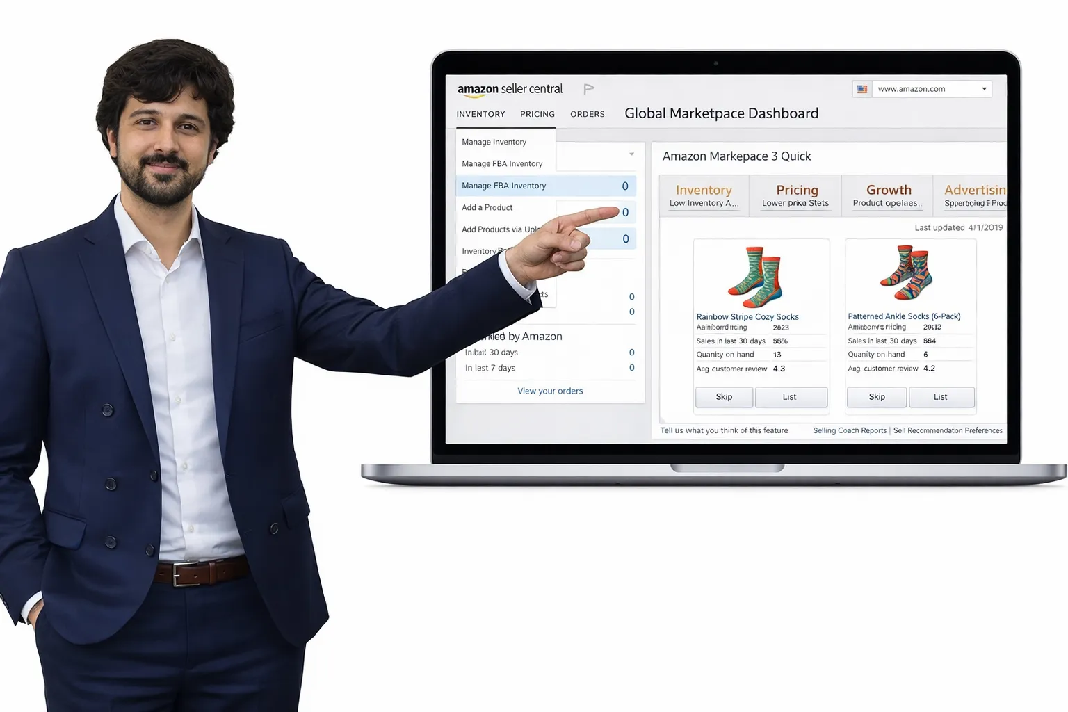 Professional Amazon seller pointing at Seller Central inventory dashboard on laptop screen