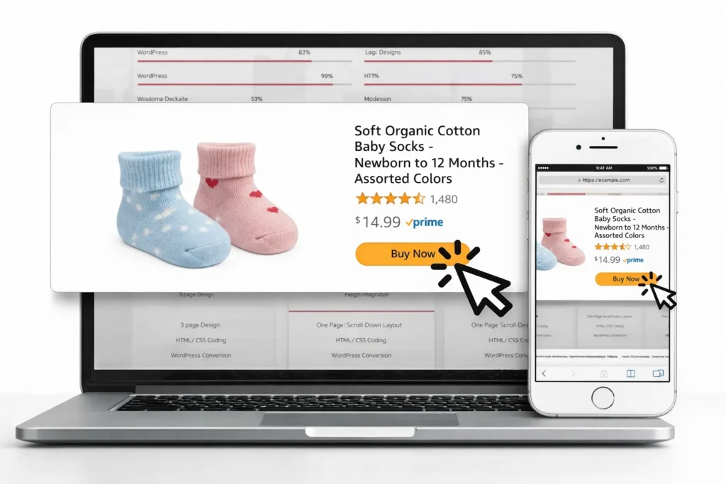 High-resolution mockup showing an online product listing for soft organic cotton baby socks
