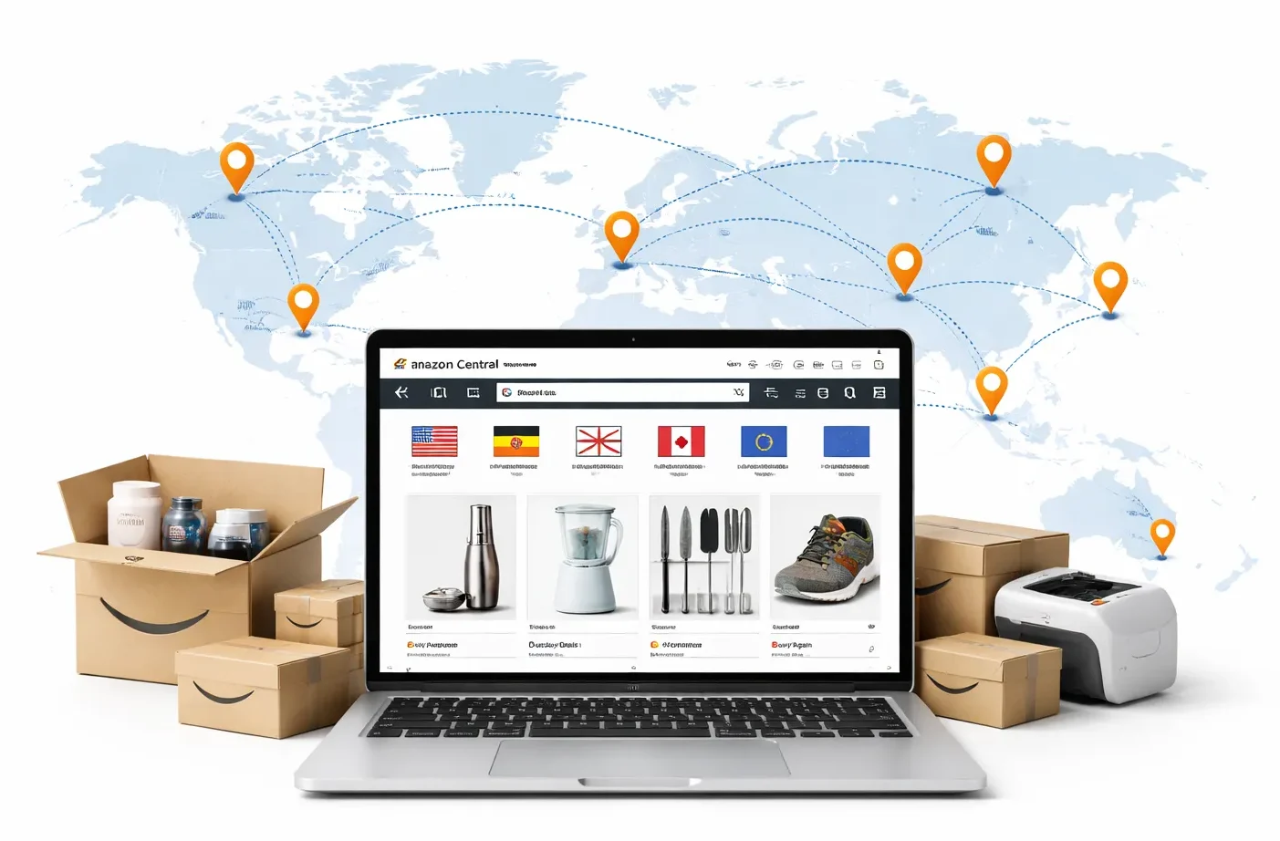 Amazon product listings with global network map and location pins