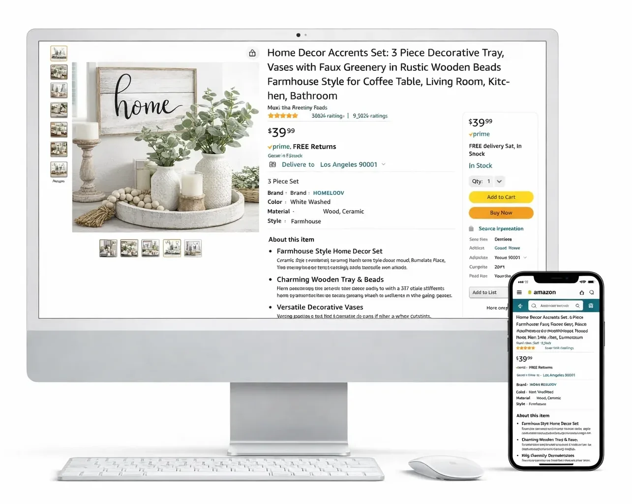 Desktop monitor and mobile phone on a white background displaying an Amazon home décor product listing