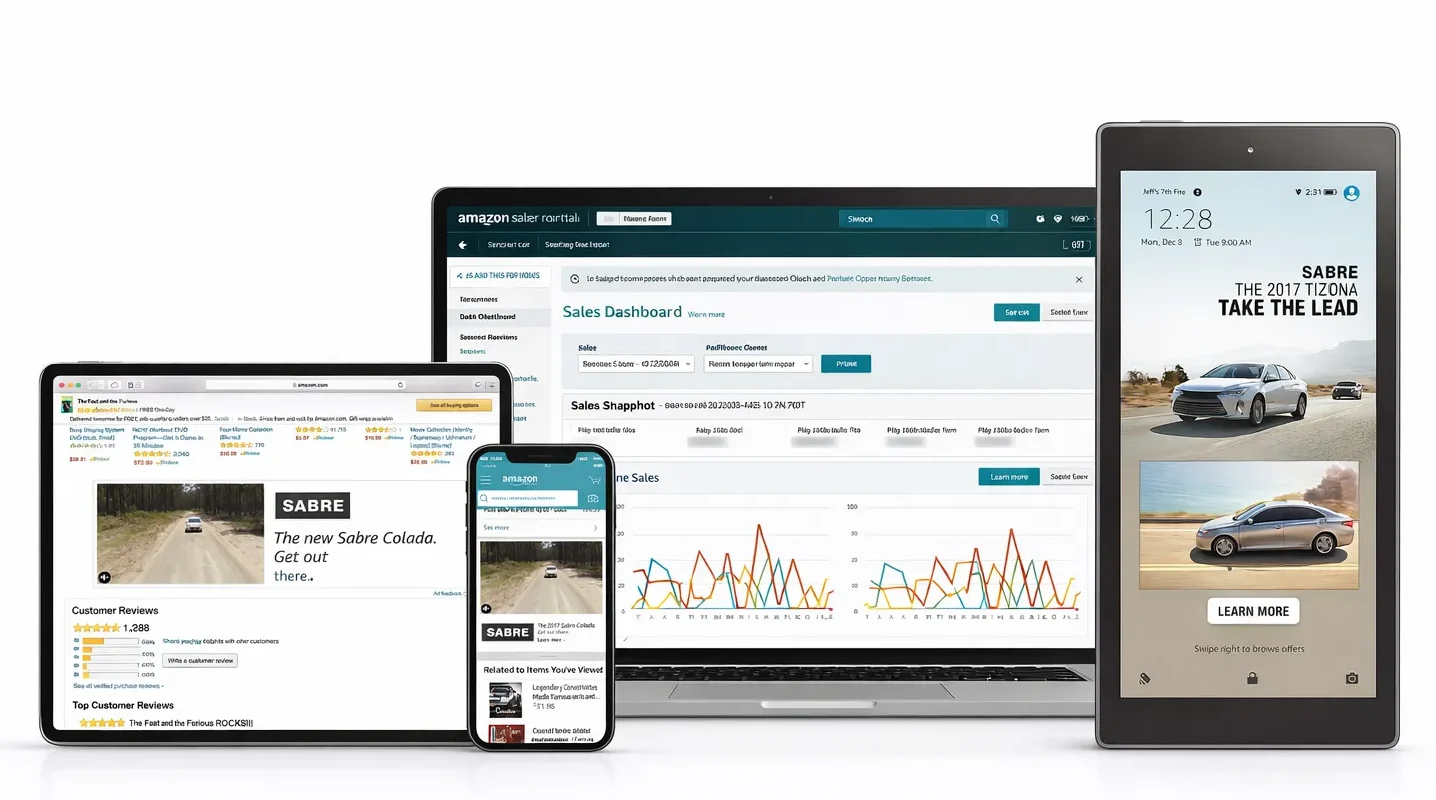 Amazon website displayed on a laptop, smartphone, and tablet
