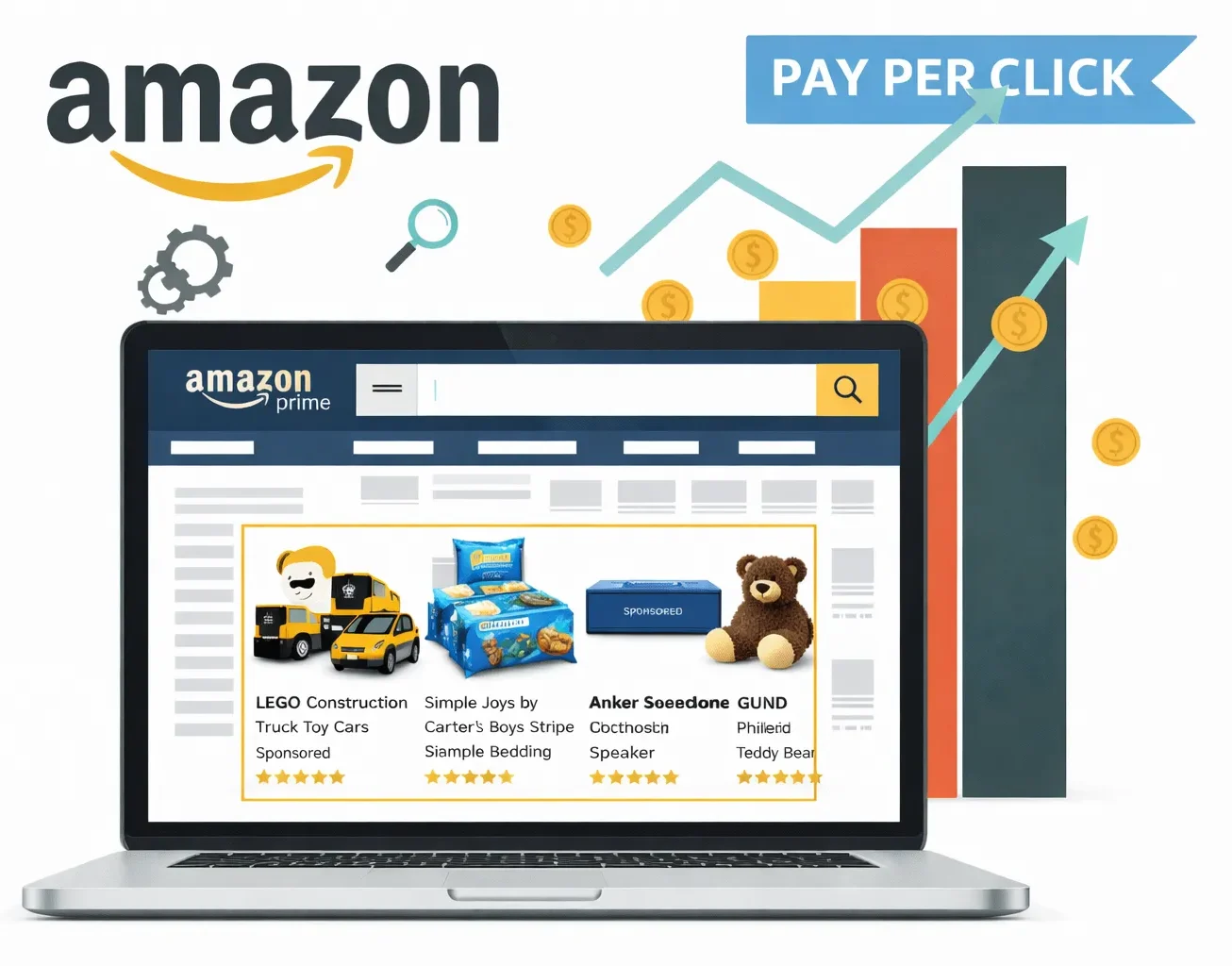 Amazon PPC laptop screen displaying sponsored products and analytics in Amazon brand colors