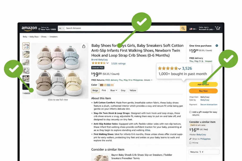 Highlighted Amazon baby shoes product listing.