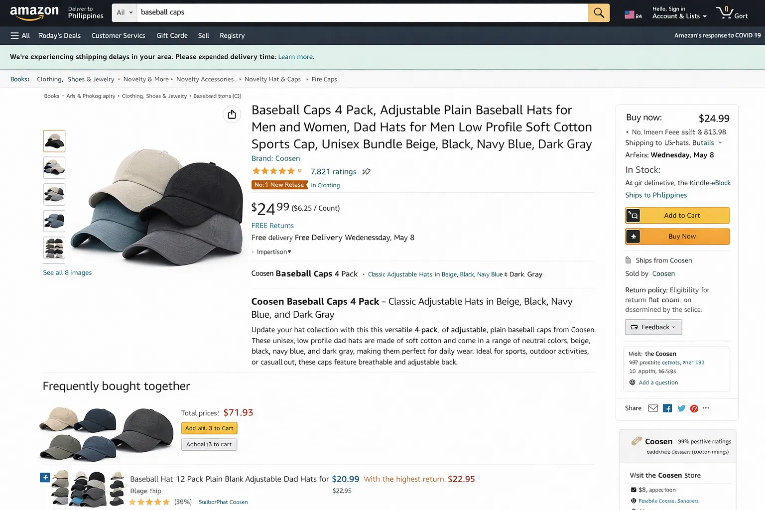 Amazon baseball caps product listing.
