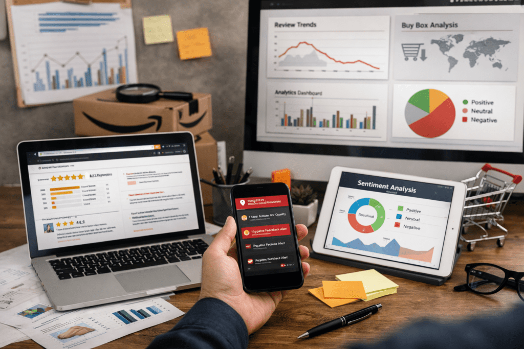 Amazon review monitoring workspace with analytics dashboards and devices