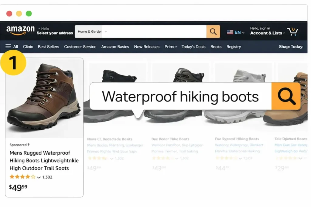 Amazon search results page displaying “Waterproof hiking boots” with sponsored product listing