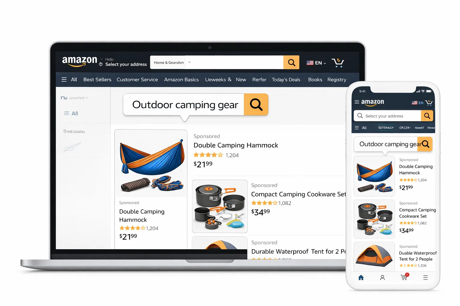 Amazon search results for outdoor camping gear displayed on desktop and mobile devices