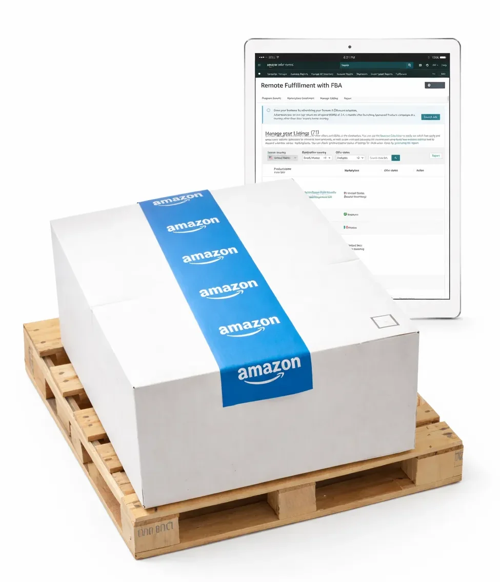 Amazon fulfillment box with Seller Central dashboard displayed on a tablet