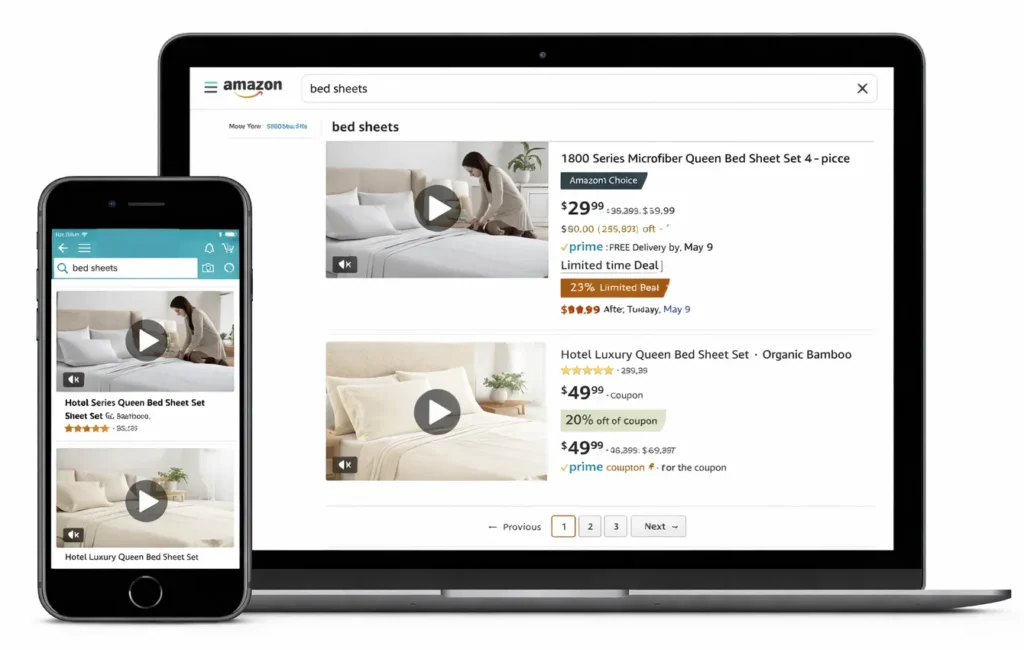 Amazon Video Ads displayed on mobile and desktop screens.