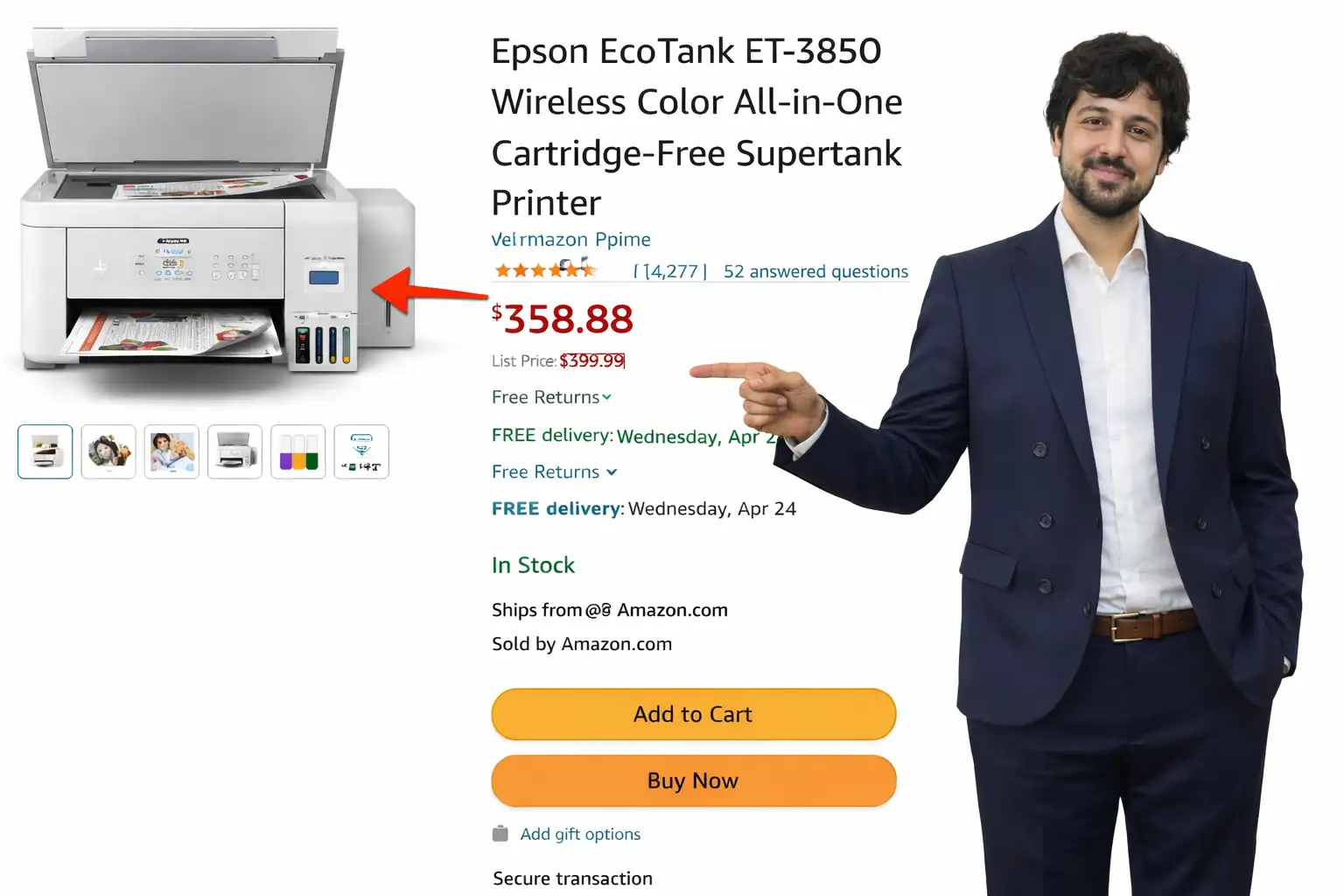 Business professional pointing at Amazon product listing on white background