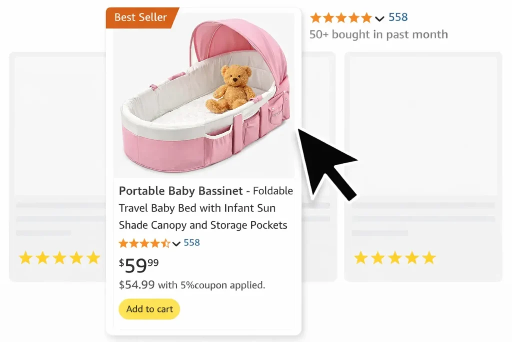 Amazon product listing image showing a pink portable baby bed with foldable design