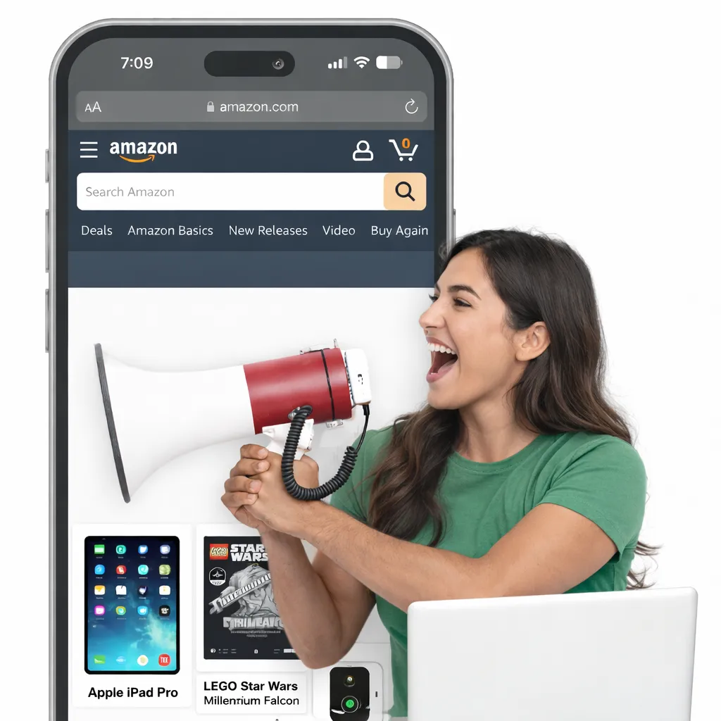 Woman holding a megaphone next to a smartphone displaying online shopping products