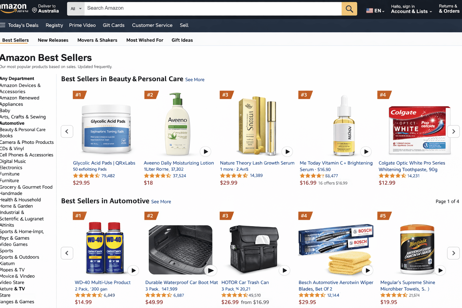 Amazon Australia Best Sellers page showing top-ranked beauty and automotive products with prices and ratings.