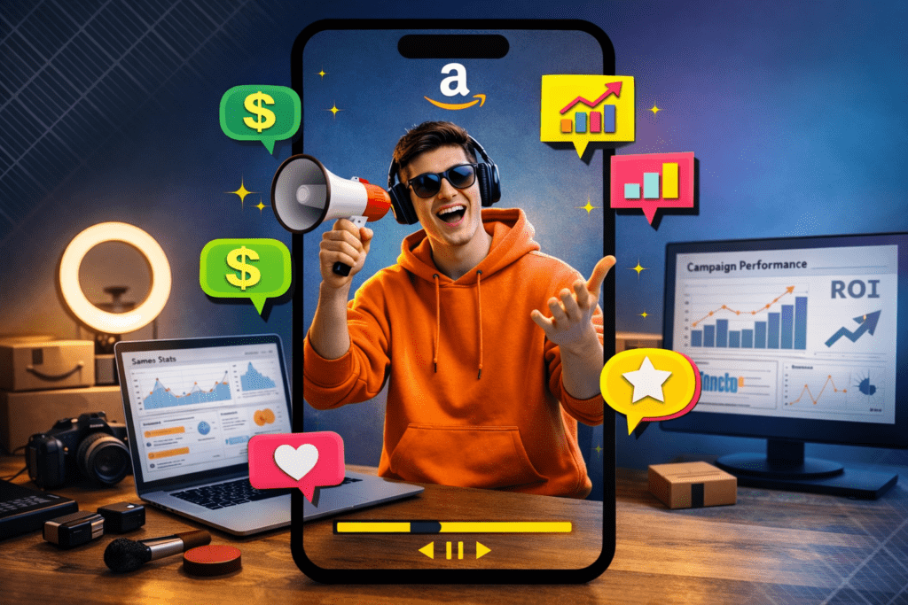 Influencer marketing campaign shown on smartphone with desktop analytics setup