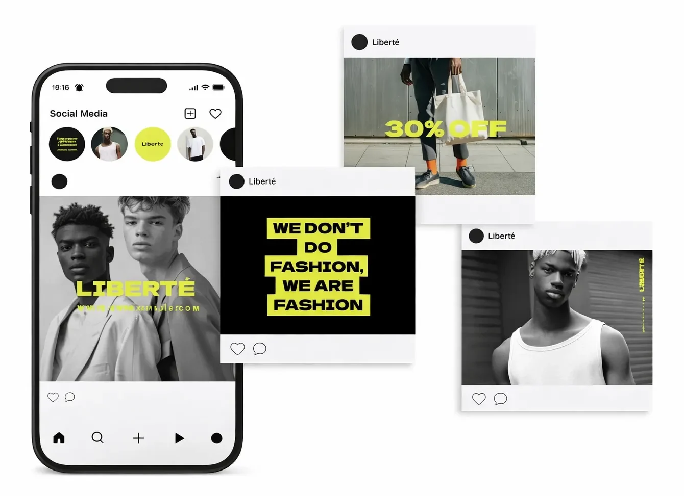 Smartphone displaying fashion brand social media feed with promotional posts and Instagram-style mockups