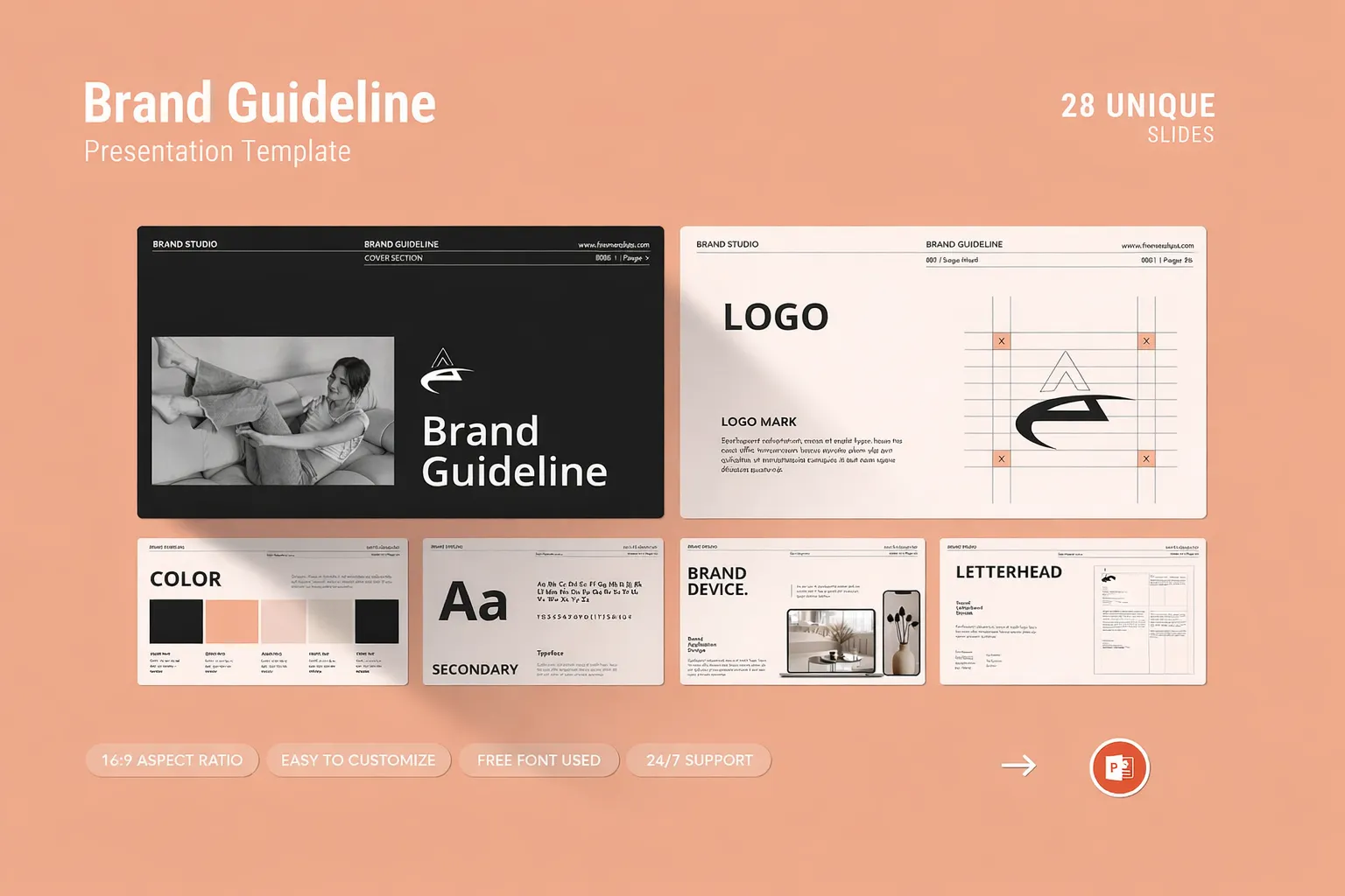 Brand guideline presentation template showcasing logo design, typography, color palette, and brand identity slides on a modern layout