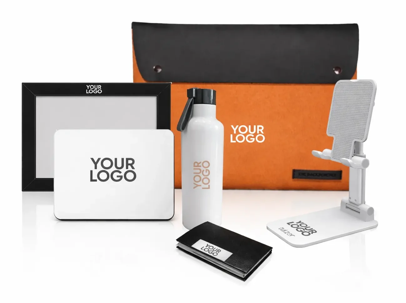 Branded corporate merchandise mockup on white background featuring logo frame